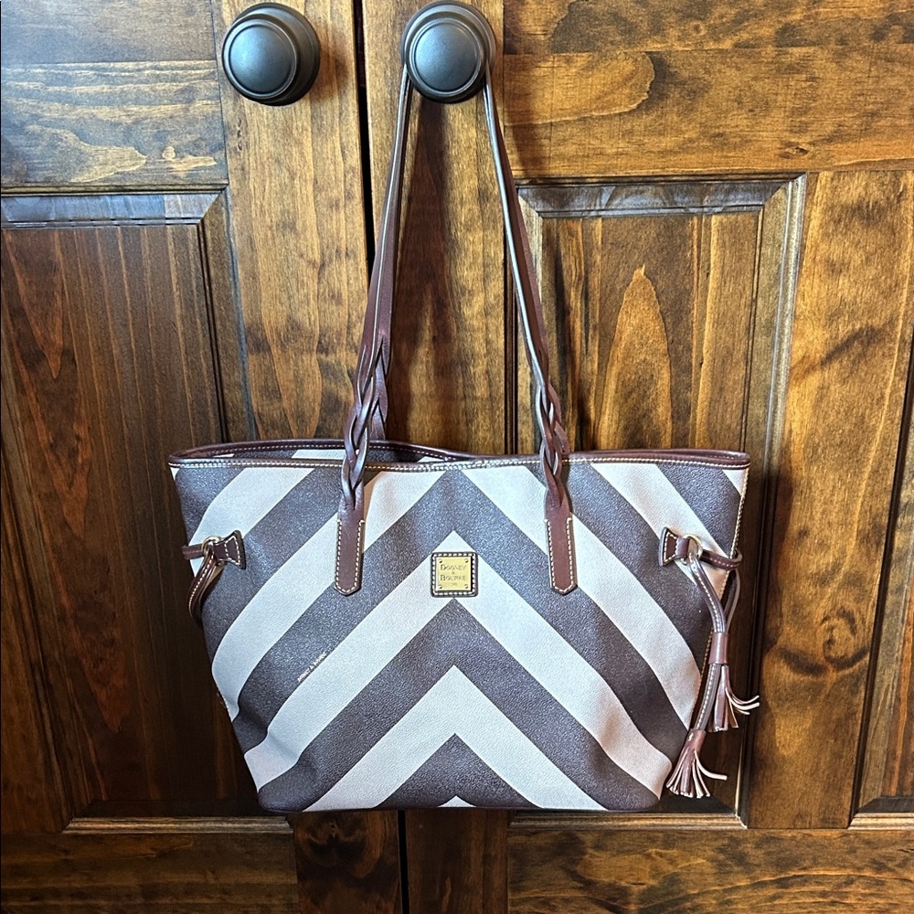 Dooney & Bourke Tan and Brown Chevron Tote - Picture 1 of 15